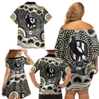 Collingwood Magpies Family Matching Off Shoulder Short Dress and Hawaiian Shirt Aboriginal Dot Pattern - Football Mascot Heritage Pride