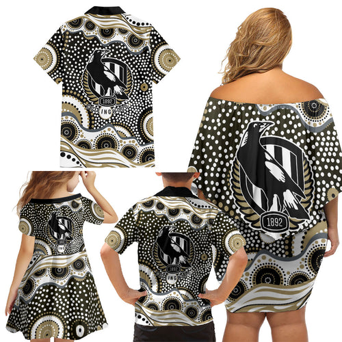Collingwood Magpies Family Matching Off Shoulder Short Dress and Hawaiian Shirt Aboriginal Dot Pattern - Football Mascot Heritage Pride