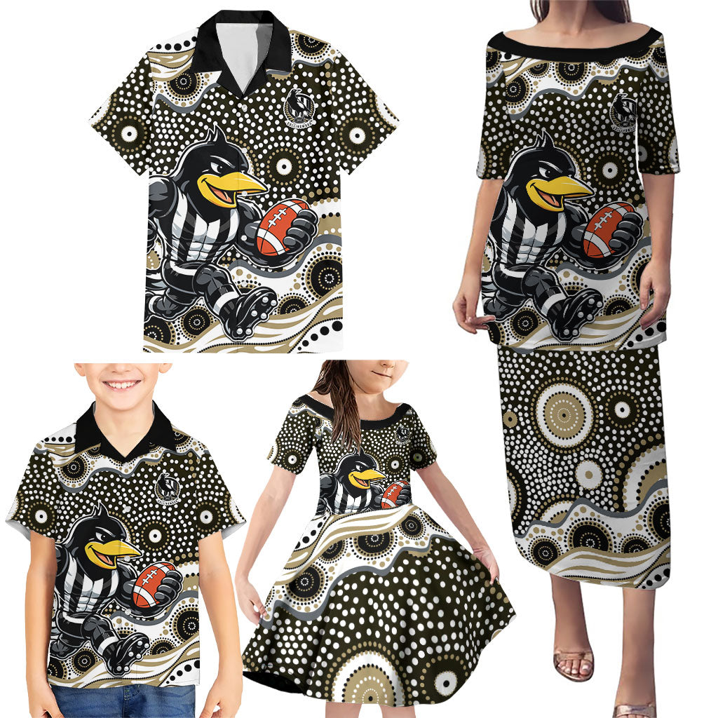 Collingwood Magpies Family Matching Puletasi and Hawaiian Shirt Aboriginal Dot Pattern - Football Mascot Heritage Pride