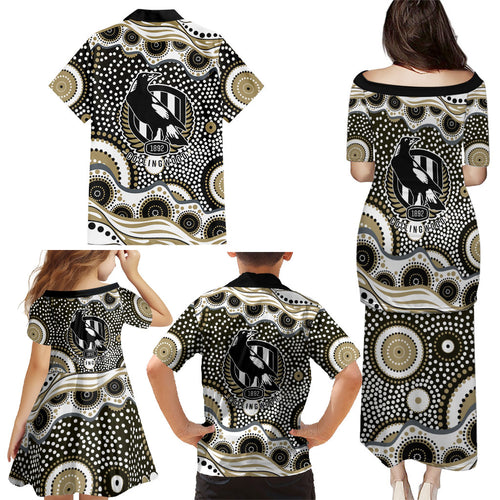 Collingwood Magpies Family Matching Puletasi and Hawaiian Shirt Aboriginal Dot Pattern - Football Mascot Heritage Pride
