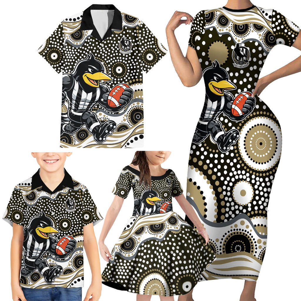 Collingwood Magpies Family Matching Short Sleeve Bodycon Dress and Hawaiian Shirt Aboriginal Dot Pattern - Football Mascot Heritage Pride