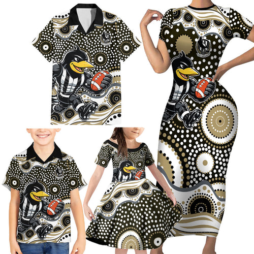 Collingwood Magpies Family Matching Short Sleeve Bodycon Dress and Hawaiian Shirt Aboriginal Dot Pattern - Football Mascot Heritage Pride