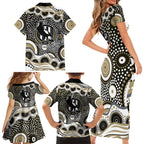 Collingwood Magpies Family Matching Short Sleeve Bodycon Dress and Hawaiian Shirt Aboriginal Dot Pattern - Football Mascot Heritage Pride