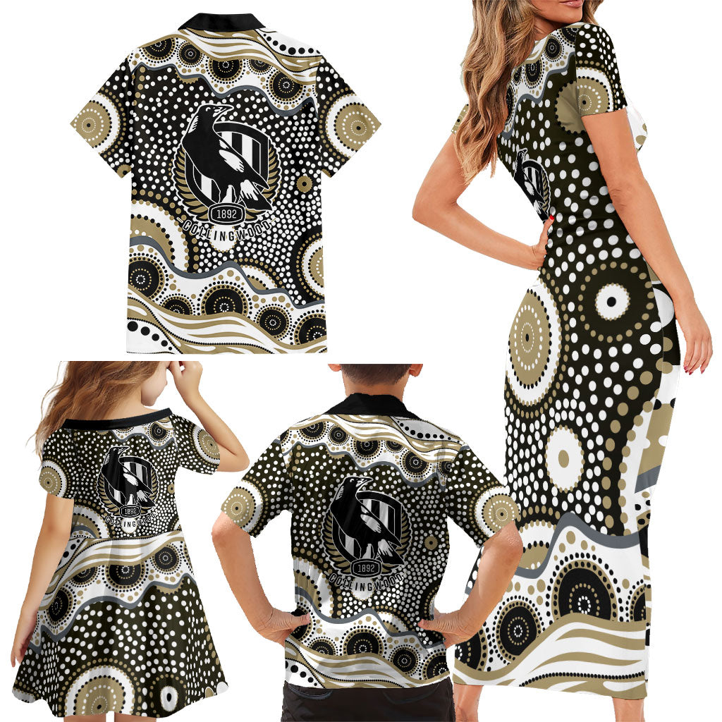 Collingwood Magpies Family Matching Short Sleeve Bodycon Dress and Hawaiian Shirt Aboriginal Dot Pattern - Football Mascot Heritage Pride