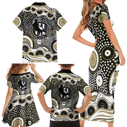 Collingwood Magpies Family Matching Short Sleeve Bodycon Dress and Hawaiian Shirt Aboriginal Dot Pattern - Football Mascot Heritage Pride