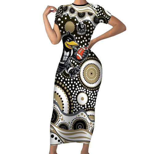 Collingwood Magpies Family Matching Short Sleeve Bodycon Dress and Hawaiian Shirt Aboriginal Dot Pattern - Football Mascot Heritage Pride