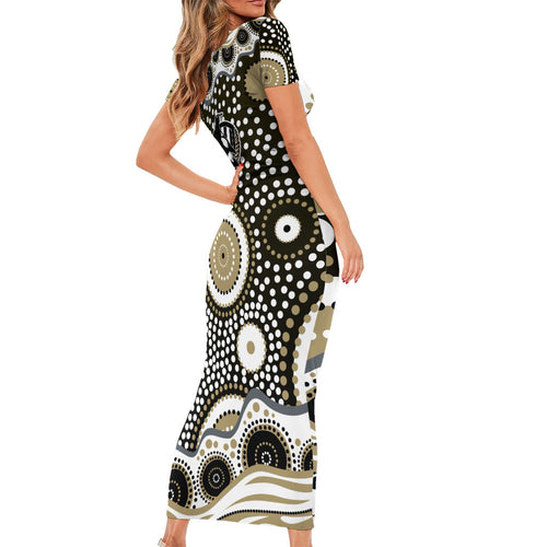 Collingwood Magpies Family Matching Short Sleeve Bodycon Dress and Hawaiian Shirt Aboriginal Dot Pattern - Football Mascot Heritage Pride