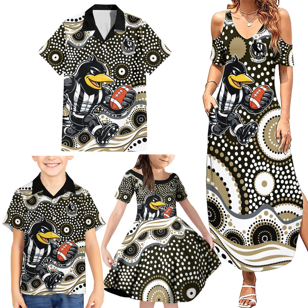 Collingwood Magpies Family Matching Summer Maxi Dress and Hawaiian Shirt Aboriginal Dot Pattern - Football Mascot Heritage Pride