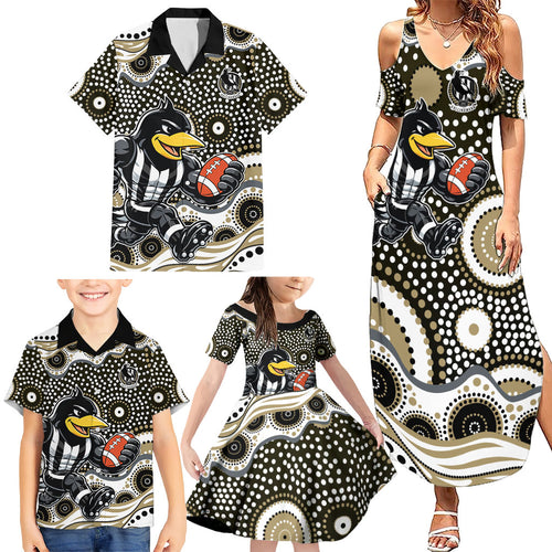 Collingwood Magpies Family Matching Summer Maxi Dress and Hawaiian Shirt Aboriginal Dot Pattern - Football Mascot Heritage Pride