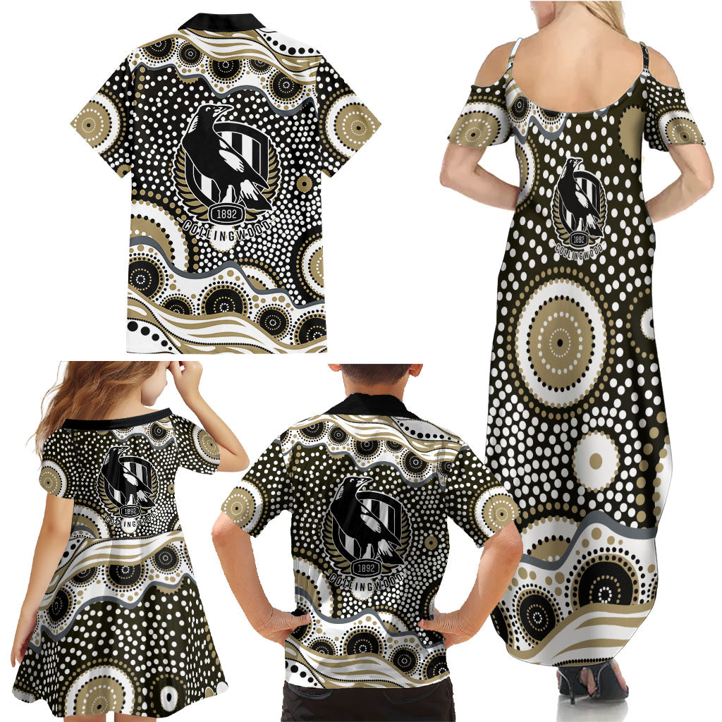 Collingwood Magpies Family Matching Summer Maxi Dress and Hawaiian Shirt Aboriginal Dot Pattern - Football Mascot Heritage Pride