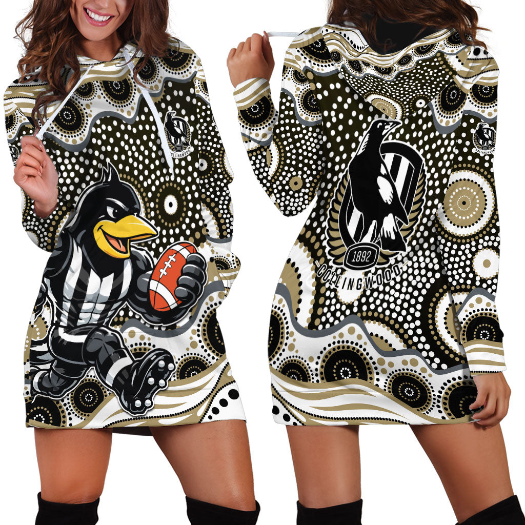 Collingwood Magpies Hoodie Dress Aboriginal Dot Pattern - Football Mascot Heritage Pride