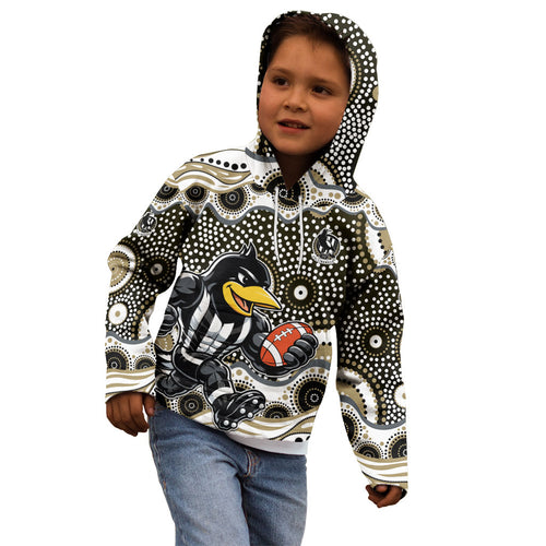 Collingwood Magpies Kid Hoodie Aboriginal Dot Pattern - Football Mascot Heritage Pride
