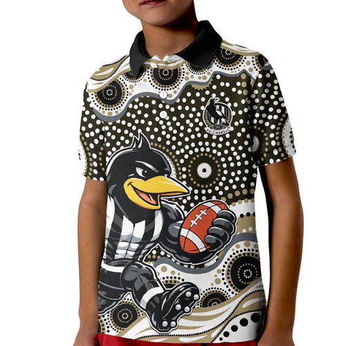 Collingwood Magpies Kid Polo Shirt Aboriginal Dot Pattern - Football Mascot Heritage Pride