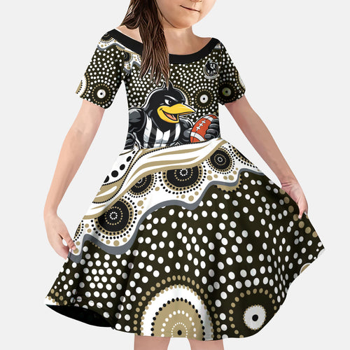 Collingwood Magpies Kid Short Sleeve Dress Aboriginal Dot Pattern - Football Mascot Heritage Pride