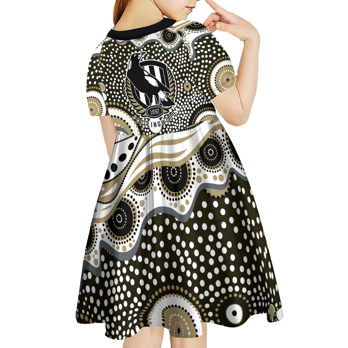 Collingwood Magpies Kid Short Sleeve Dress Aboriginal Dot Pattern - Football Mascot Heritage Pride
