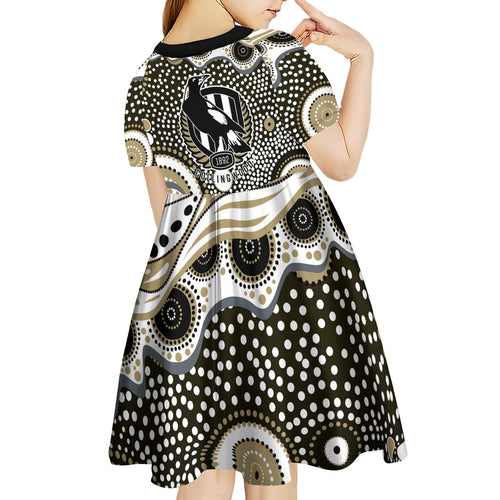 Collingwood Magpies Kid Short Sleeve Dress Aboriginal Dot Pattern - Football Mascot Heritage Pride