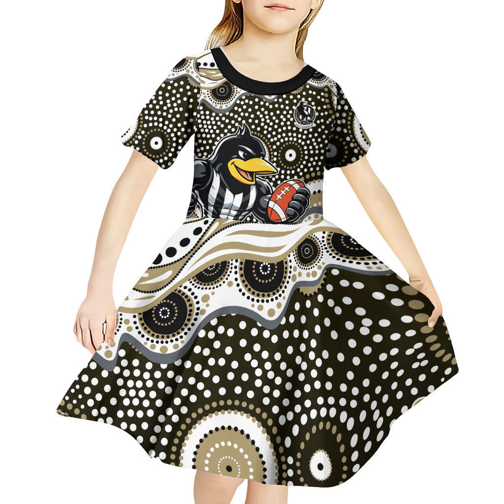 Collingwood Magpies Kid Short Sleeve Dress Aboriginal Dot Pattern - Football Mascot Heritage Pride