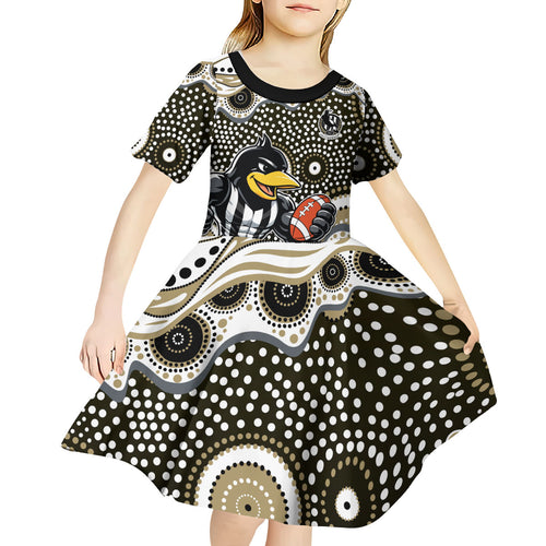 Collingwood Magpies Kid Short Sleeve Dress Aboriginal Dot Pattern - Football Mascot Heritage Pride
