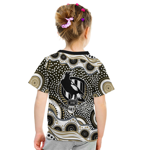 Collingwood Magpies Kid T Shirt Aboriginal Dot Pattern - Football Mascot Heritage Pride