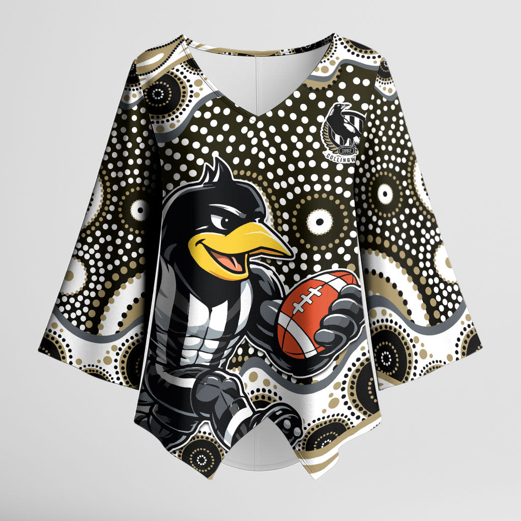 Collingwood Magpies Kimono Sleeve Blouse Aboriginal Dot Pattern - Football Mascot Heritage Pride