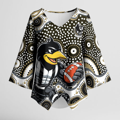 Collingwood Magpies Kimono Sleeve Blouse Aboriginal Dot Pattern - Football Mascot Heritage Pride
