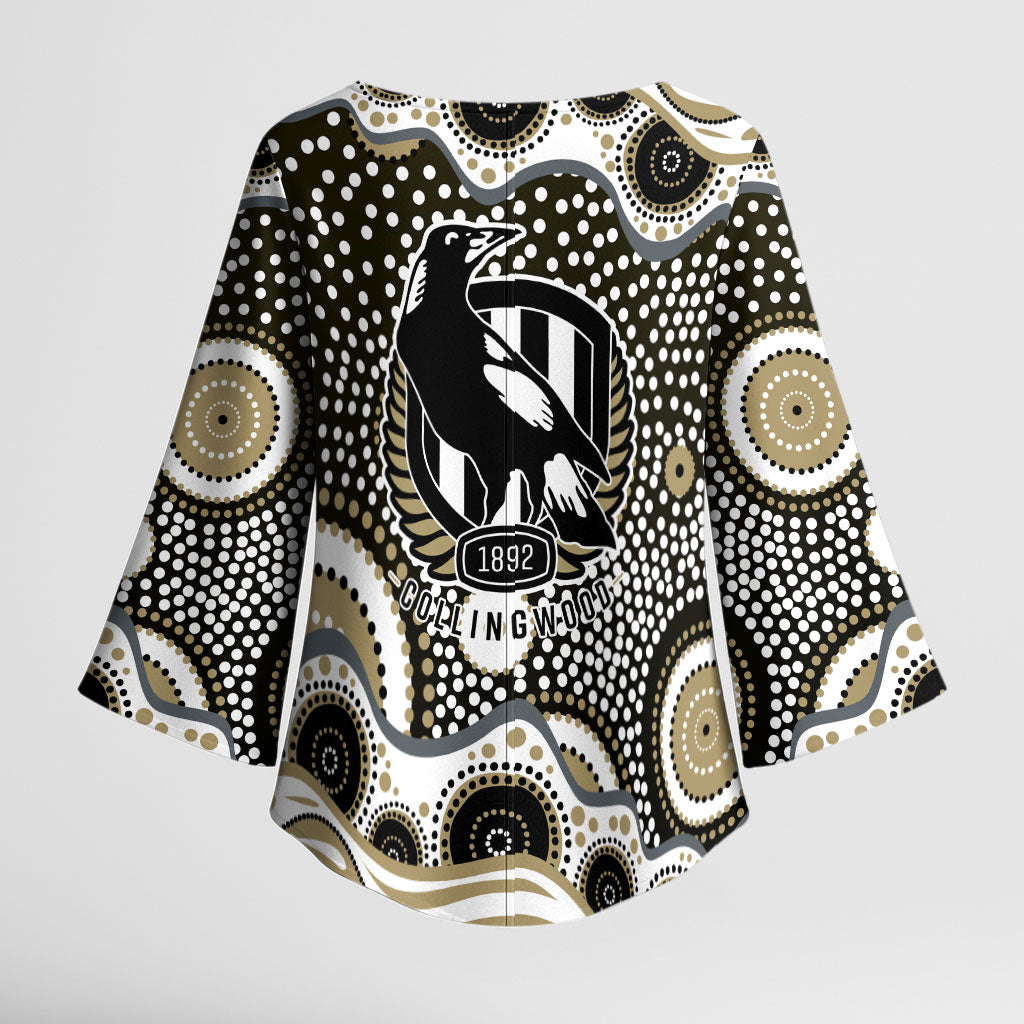 Collingwood Magpies Kimono Sleeve Blouse Aboriginal Dot Pattern - Football Mascot Heritage Pride