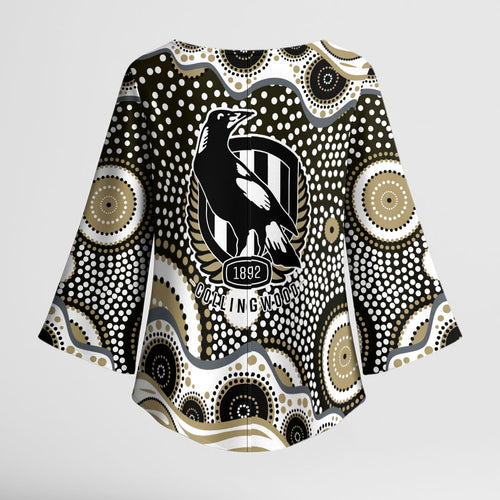 Collingwood Magpies Kimono Sleeve Blouse Aboriginal Dot Pattern - Football Mascot Heritage Pride