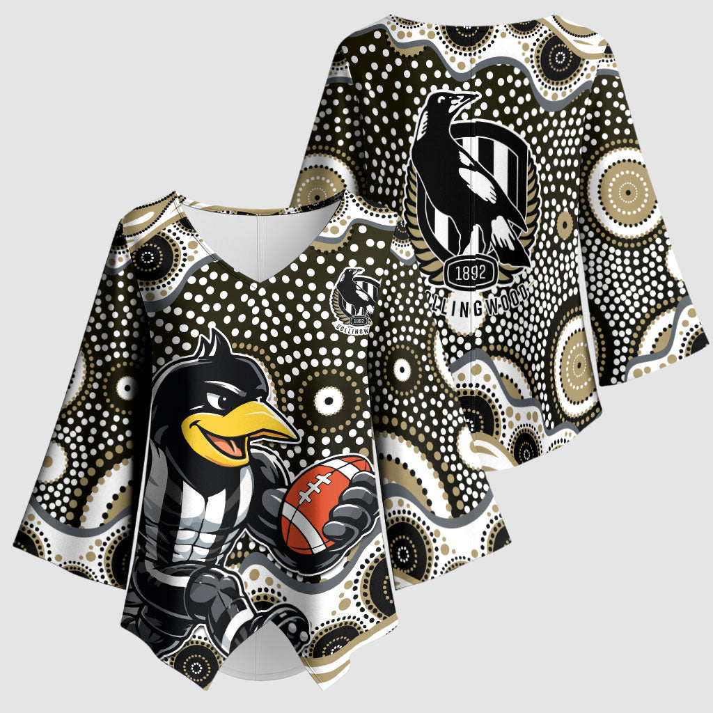 Collingwood Magpies Kimono Sleeve Blouse Aboriginal Dot Pattern - Football Mascot Heritage Pride