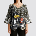 Collingwood Magpies Kimono Sleeve Blouse Aboriginal Dot Pattern - Football Mascot Heritage Pride