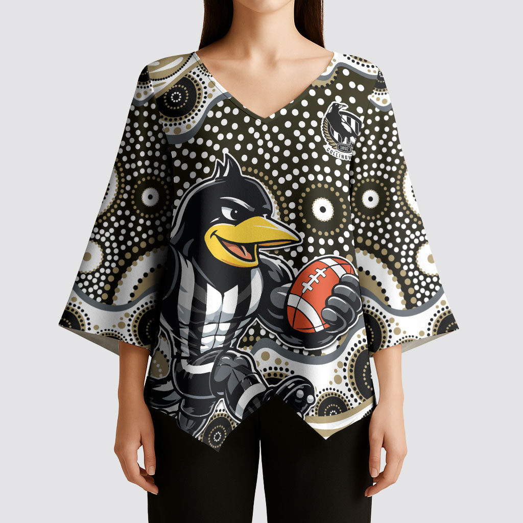 Collingwood Magpies Kimono Sleeve Blouse Aboriginal Dot Pattern - Football Mascot Heritage Pride