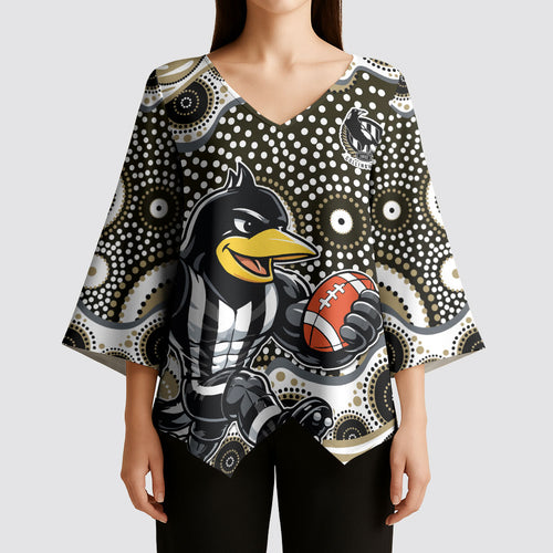 Collingwood Magpies Kimono Sleeve Blouse Aboriginal Dot Pattern - Football Mascot Heritage Pride