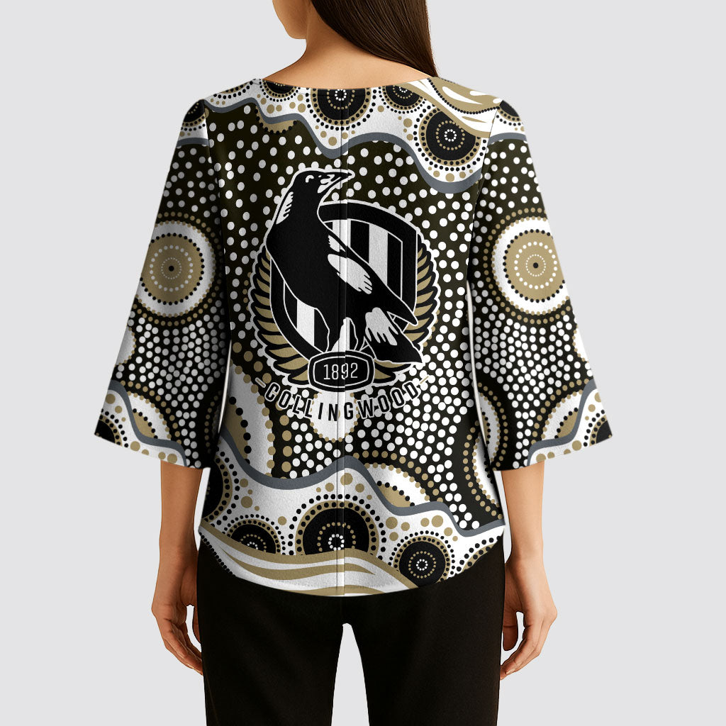 Collingwood Magpies Kimono Sleeve Blouse Aboriginal Dot Pattern - Football Mascot Heritage Pride