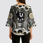 Collingwood Magpies Kimono Sleeve Blouse Aboriginal Dot Pattern - Football Mascot Heritage Pride