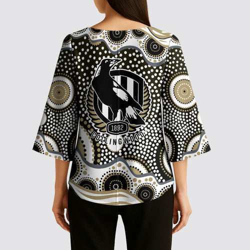 Collingwood Magpies Kimono Sleeve Blouse Aboriginal Dot Pattern - Football Mascot Heritage Pride