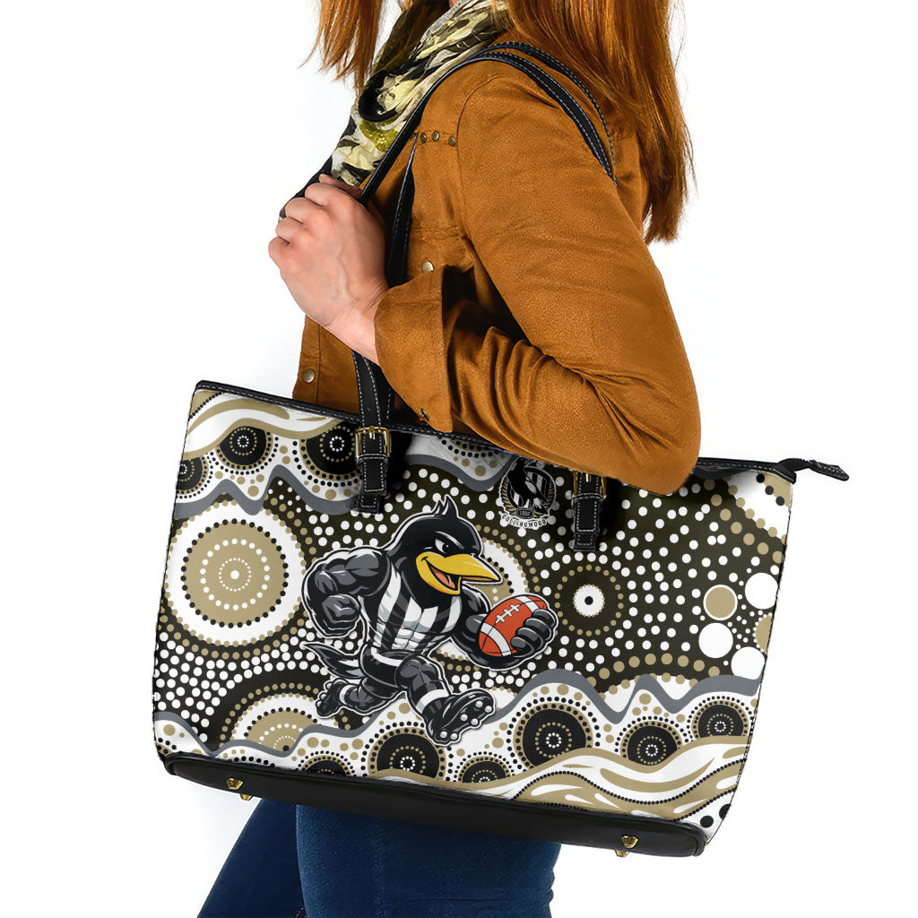 Collingwood Magpies Leather Tote Bag Aboriginal Dot Pattern - Football Mascot Heritage Pride