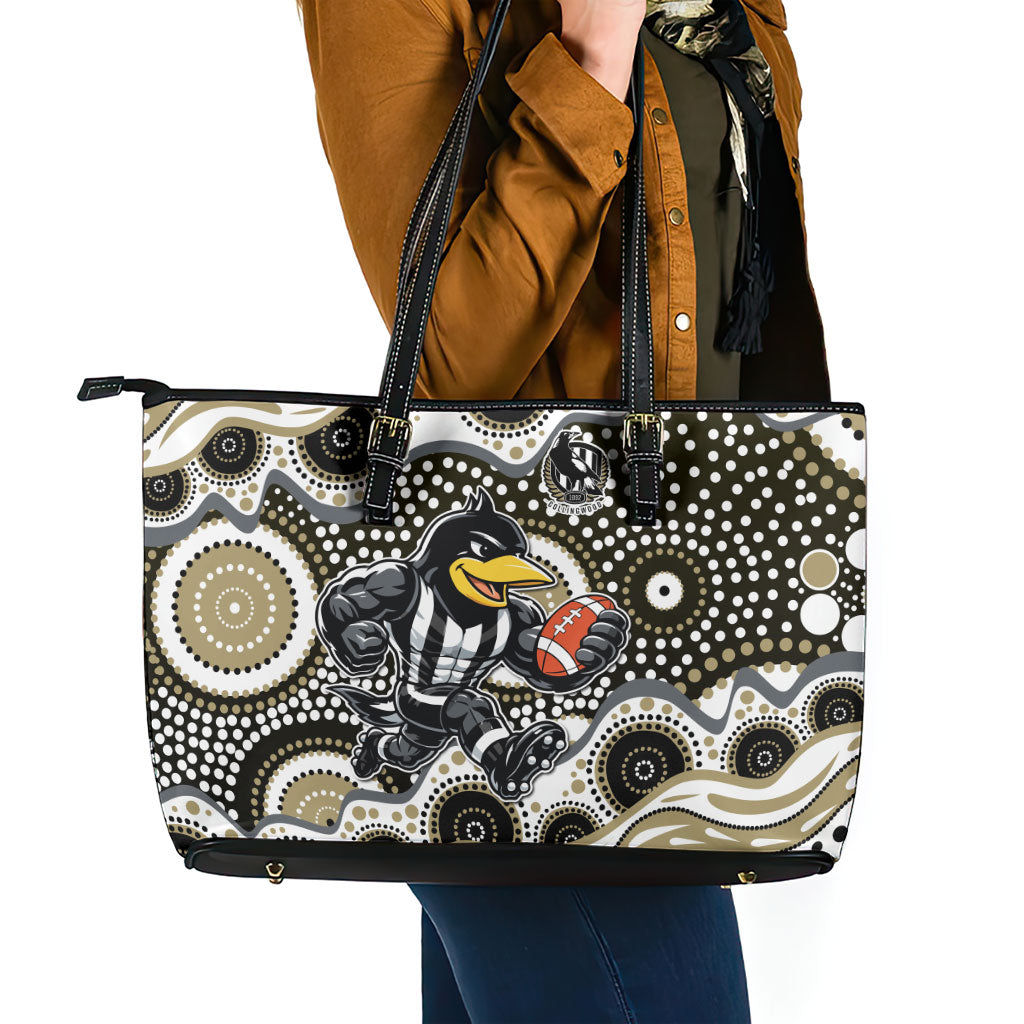 Collingwood Magpies Leather Tote Bag Aboriginal Dot Pattern - Football Mascot Heritage Pride