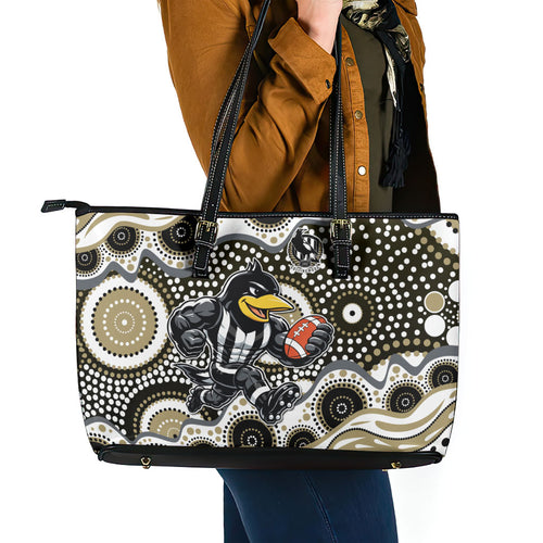 Collingwood Magpies Leather Tote Bag Aboriginal Dot Pattern - Football Mascot Heritage Pride