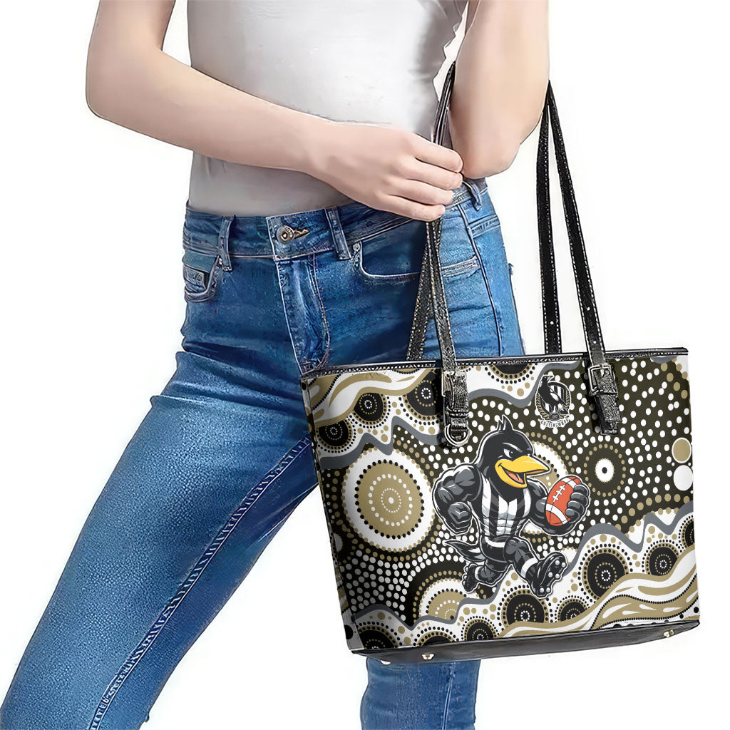 Collingwood Magpies Leather Tote Bag Aboriginal Dot Pattern - Football Mascot Heritage Pride