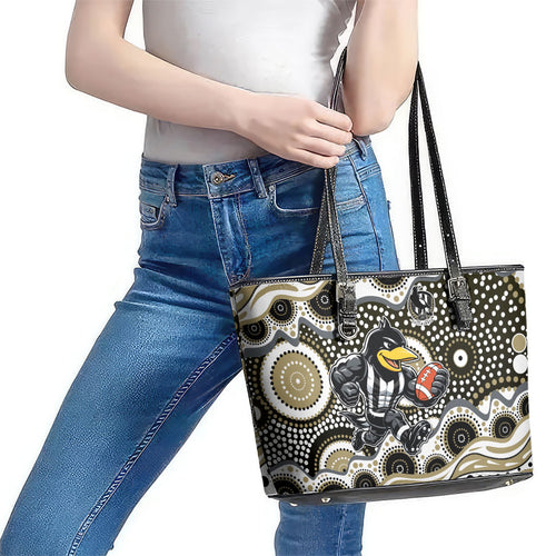 Collingwood Magpies Leather Tote Bag Aboriginal Dot Pattern - Football Mascot Heritage Pride