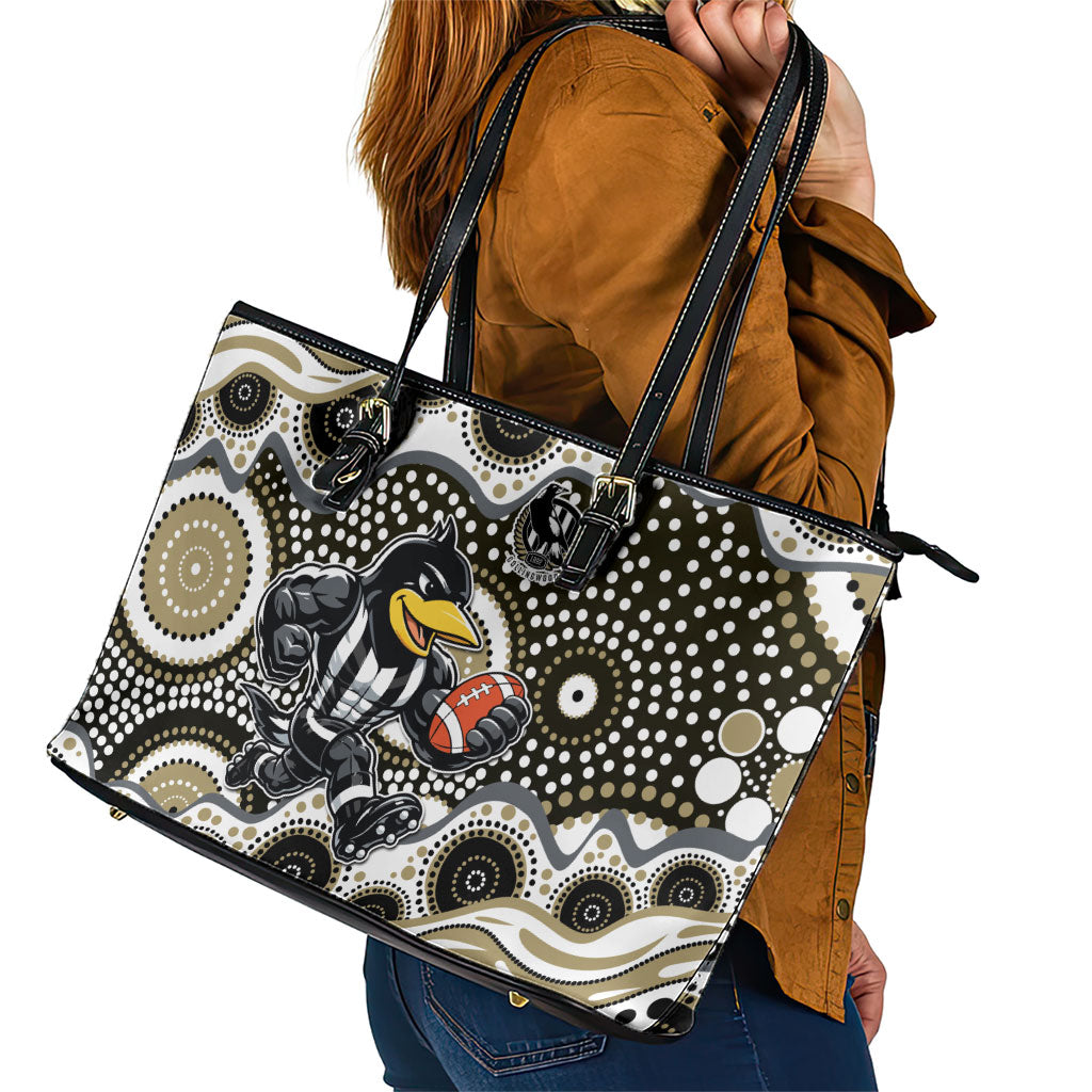 Collingwood Magpies Leather Tote Bag Aboriginal Dot Pattern - Football Mascot Heritage Pride