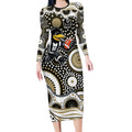 Collingwood Magpies Long Sleeve Bodycon Dress Aboriginal Dot Pattern - Football Mascot Heritage Pride