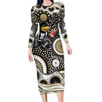 Collingwood Magpies Long Sleeve Bodycon Dress Aboriginal Dot Pattern - Football Mascot Heritage Pride