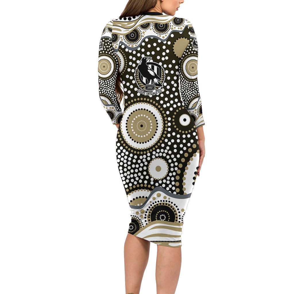 Collingwood Magpies Long Sleeve Bodycon Dress Aboriginal Dot Pattern - Football Mascot Heritage Pride