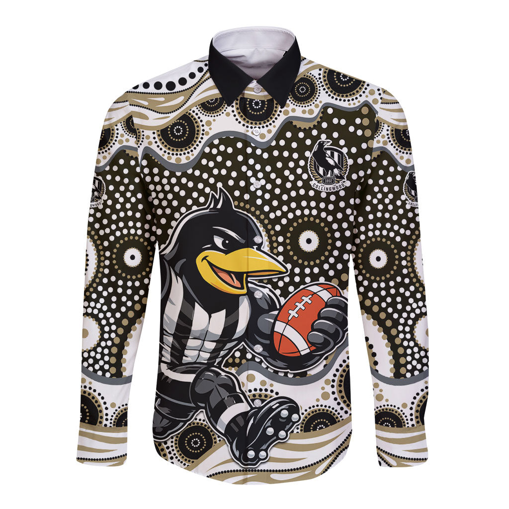 Collingwood Magpies Long Sleeve Button Shirt Aboriginal Dot Pattern - Football Mascot Heritage Pride