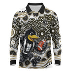 Collingwood Magpies Long Sleeve Polo Shirt Aboriginal Dot Pattern - Football Mascot Heritage Pride