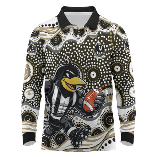 Collingwood Magpies Long Sleeve Polo Shirt Aboriginal Dot Pattern - Football Mascot Heritage Pride