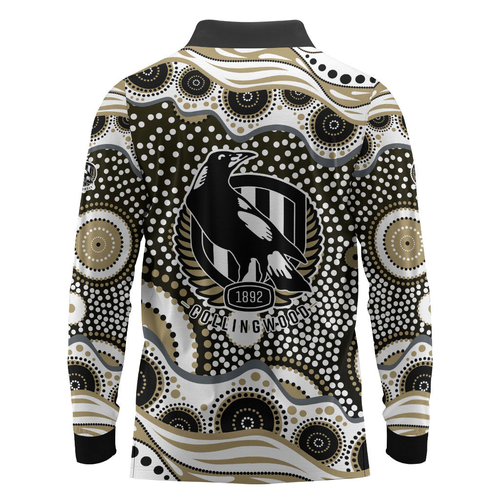 Collingwood Magpies Long Sleeve Polo Shirt Aboriginal Dot Pattern - Football Mascot Heritage Pride