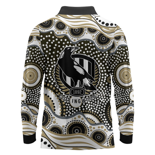 Collingwood Magpies Long Sleeve Polo Shirt Aboriginal Dot Pattern - Football Mascot Heritage Pride
