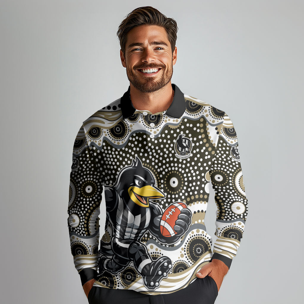 Collingwood Magpies Long Sleeve Polo Shirt Aboriginal Dot Pattern - Football Mascot Heritage Pride