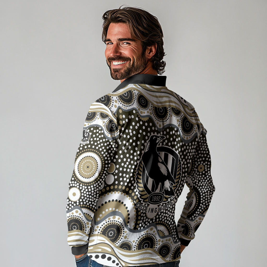 Collingwood Magpies Long Sleeve Polo Shirt Aboriginal Dot Pattern - Football Mascot Heritage Pride